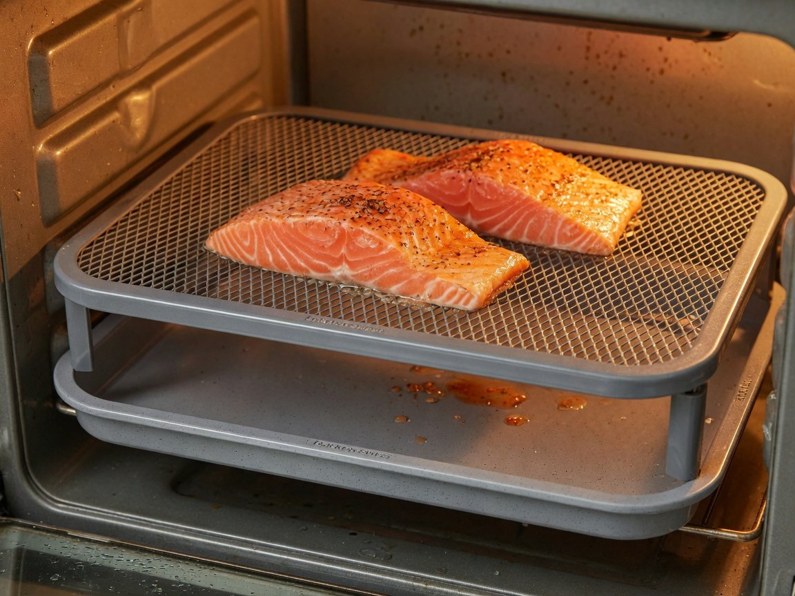 Bakken-Swiss gray ceramic nonstick elevated mesh air fryer tray inside an oven, two salmon fillets cooking on the