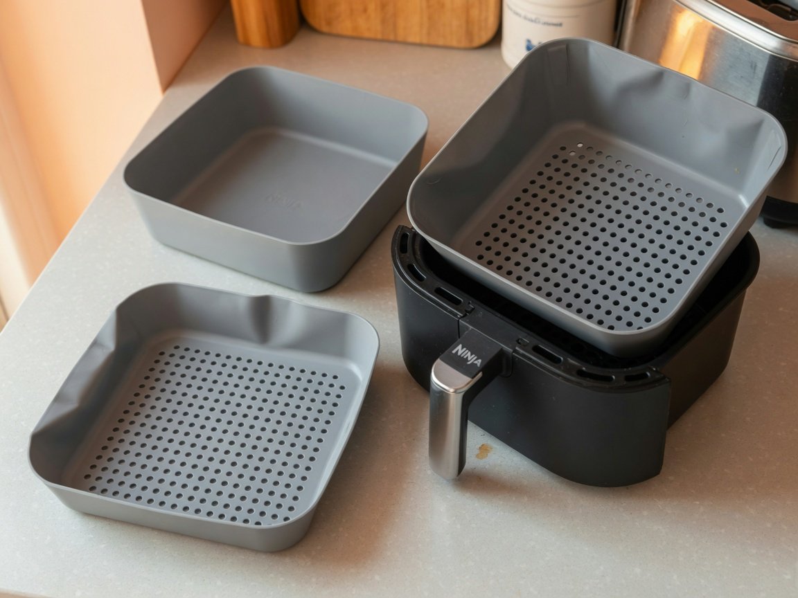 Two square gray silicone air fryer liners on a kitchen counter next to an open Ninja basket, one liner inserted inside