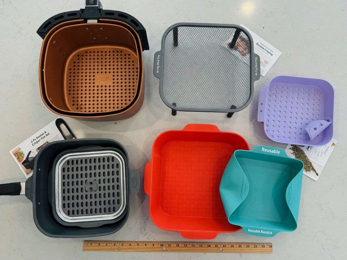 Top-down flat-lay of all six nonstick air fryer baskets and trays arranged on a kitchen counter — copper large basket