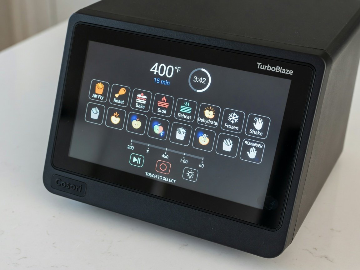 Close-up of the Cosori TurboBlaze air fryer's digital touchscreen control panel and matte black housing, showing