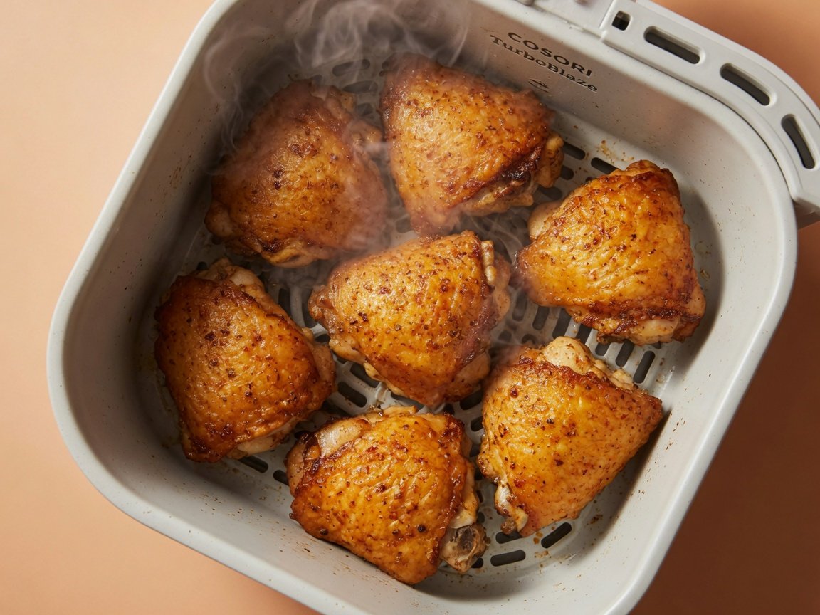 Overhead shot of golden, evenly crisped chicken thighs arranged in a Cosori TurboBlaze air fryer basket, light steam