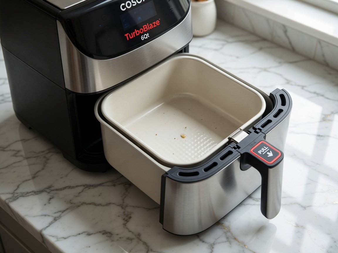 Cosori TurboBlaze 6Qt basket air fryer on a clean white marble kitchen counter, basket pulled halfway out revealing a