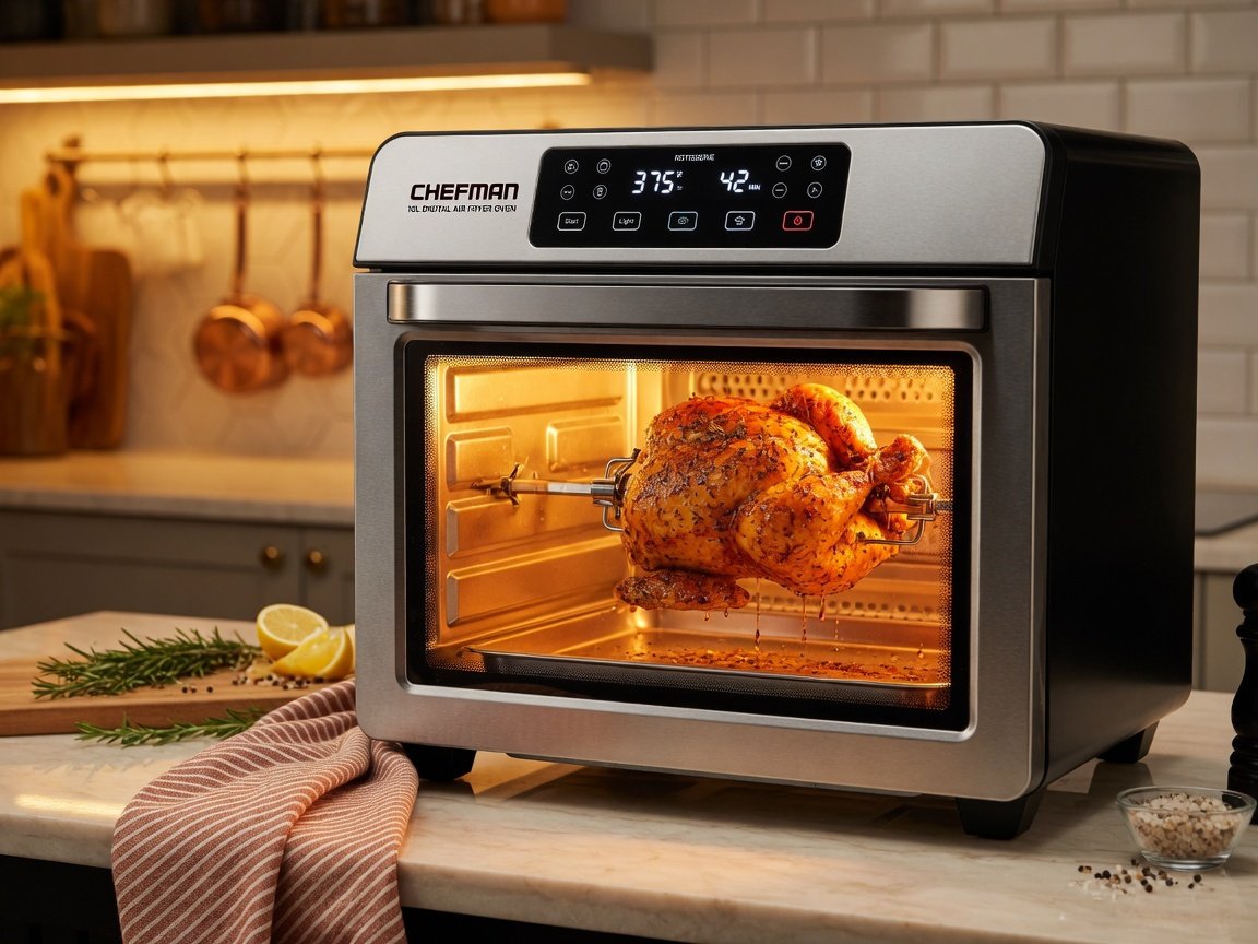 CHEFMAN 10L digital air fryer oven on a kitchen counter, the large front window glowing to reveal a whole rotisserie