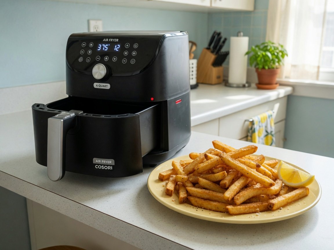 A compact black 4-quart air fryer sitting on a small apartment kitchen counter next to a plate of perfectly golden