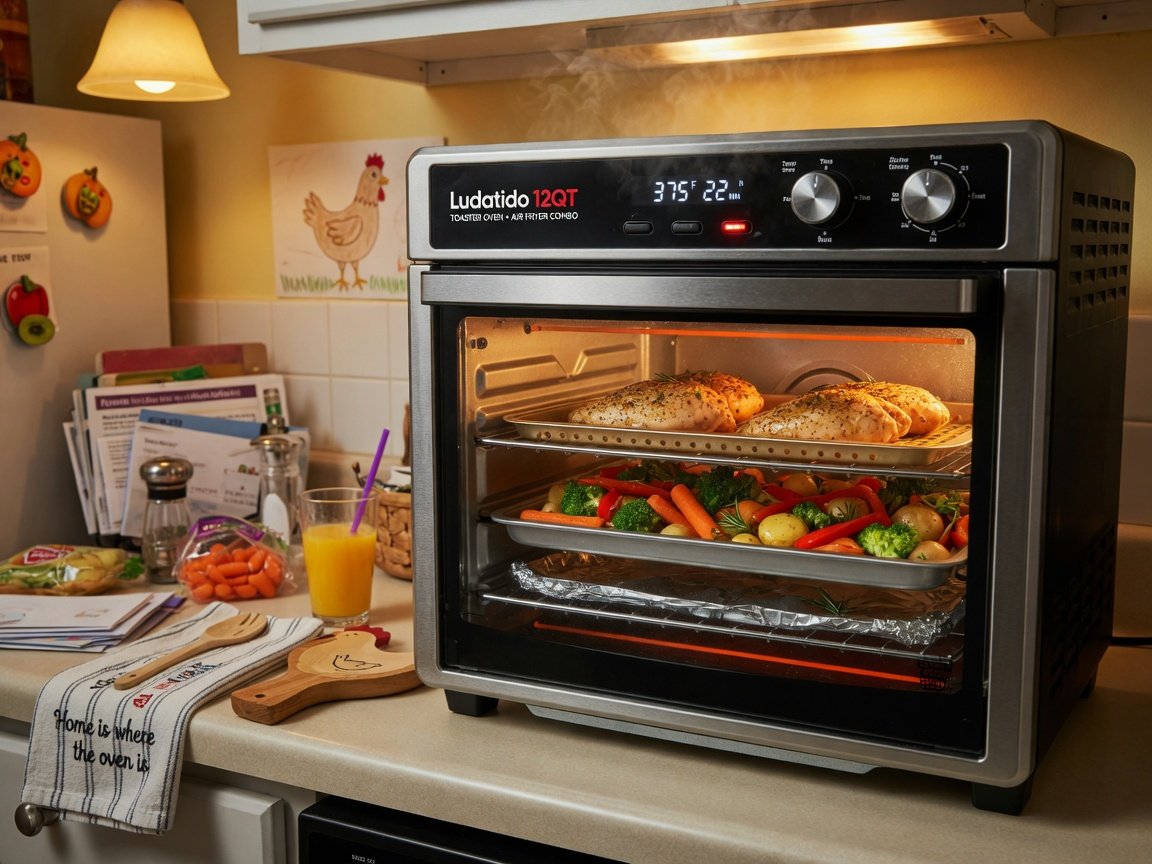 Ludatido 12QT toaster oven and air fryer combo on a family kitchen counter, glass door showing multiple rack levels