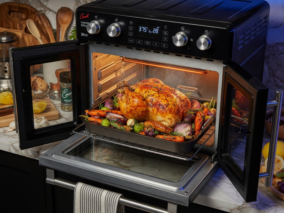 Emeril Lagasse 26QT French door air fryer oven with both doors open wide, showing a large golden roast chicken in a