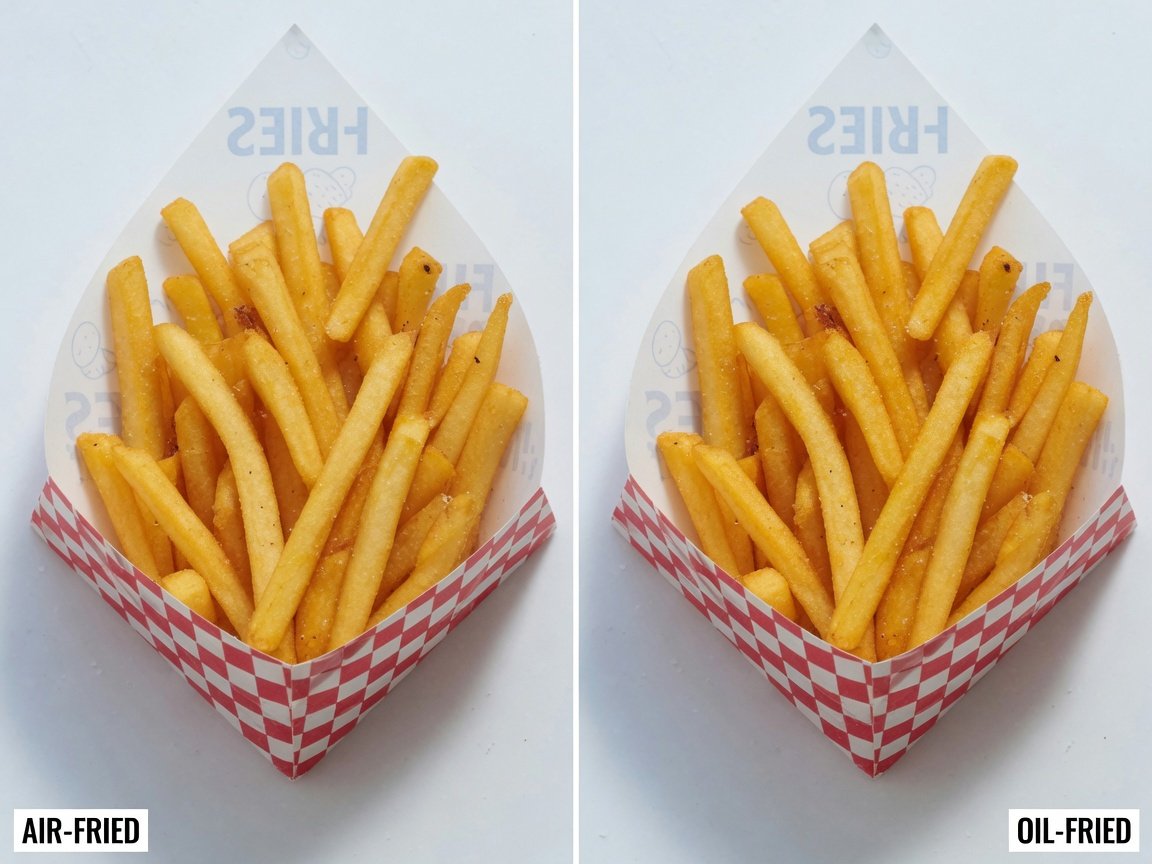 Split-frame food photography comparison: air-fried golden french fries on the left in a paper cone, oil-fried fries in