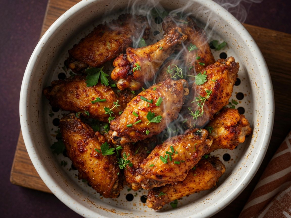 Close-up overhead shot of a ceramic air fryer basket filled with perfectly crisped chicken wings in a single layer