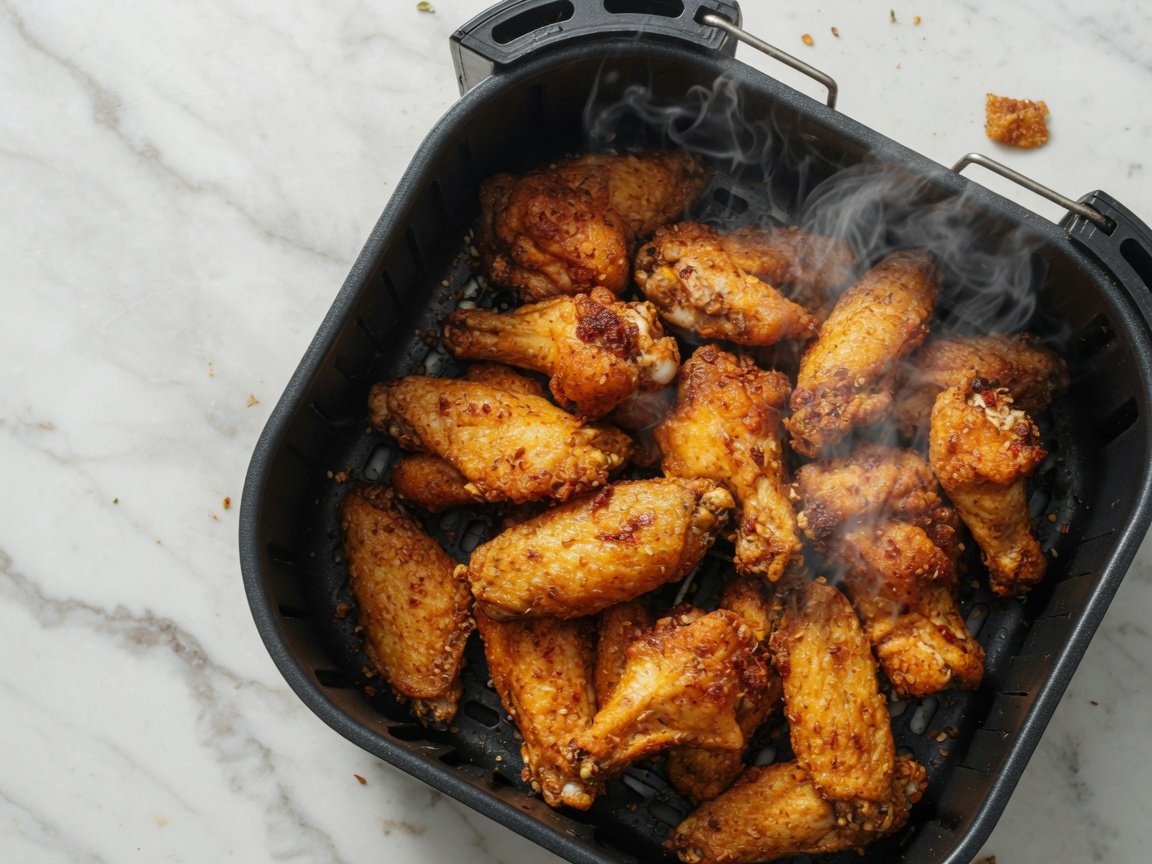Close-up of golden-crispy chicken wings filling a large air fryer basket, steam rising, overhead shot on white marble