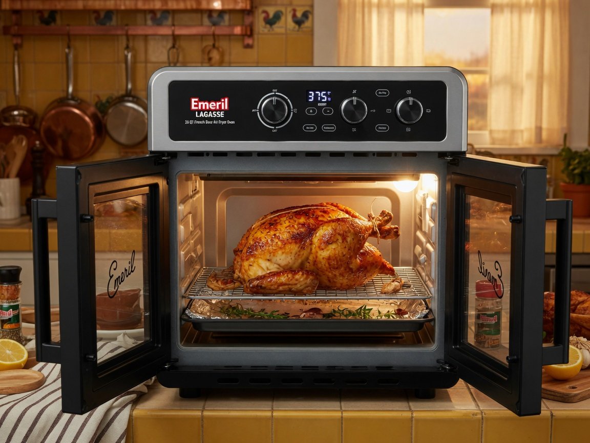 Emeril Lagasse 26QT French door air fryer oven with both doors open, showing a whole golden-brown roasted chicken on a