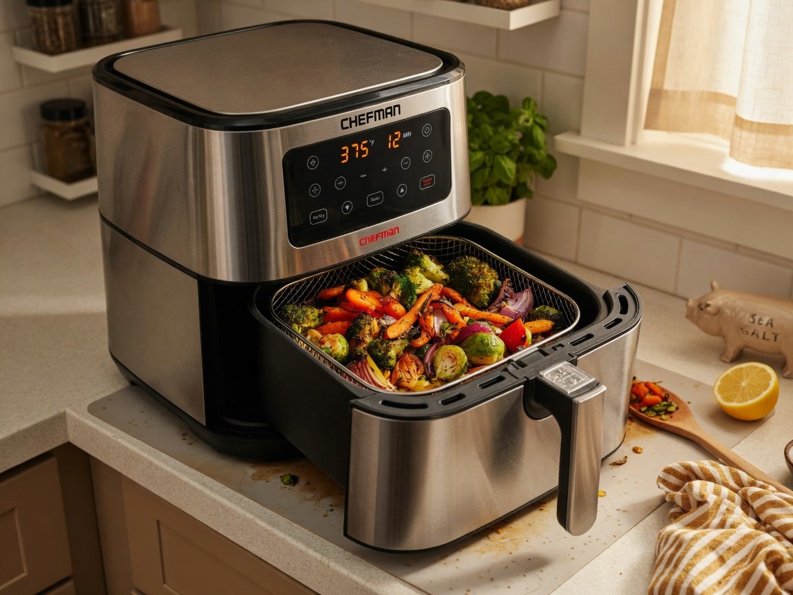 Chefman 8 Qt stainless steel air fryer on a home kitchen counter, basket pulled open to show crispy roasted vegetables
