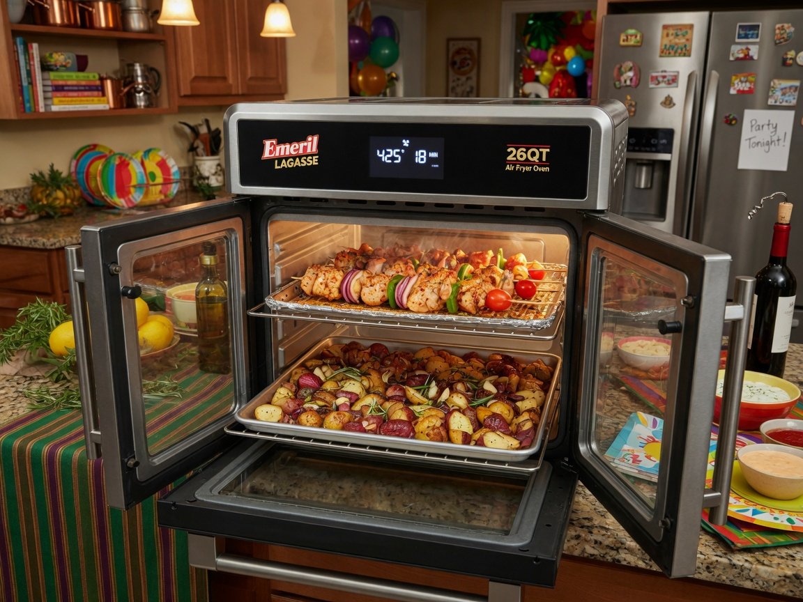 Emeril Lagasse 26QT air fryer oven loaded with multiple trays — chicken skewers on top rack, roasted potatoes on lower