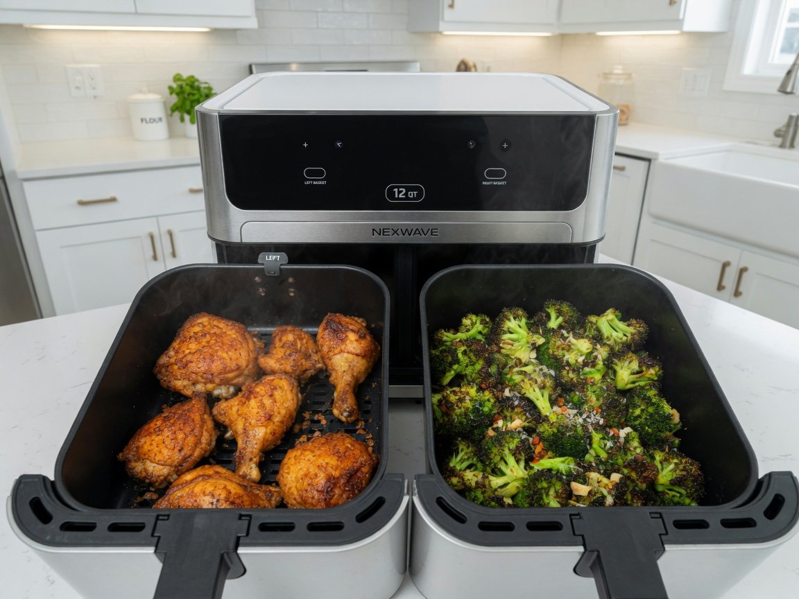 12 Qt dual-basket air fryer with both drawers pulled open side by side, showing golden chicken in the left basket and