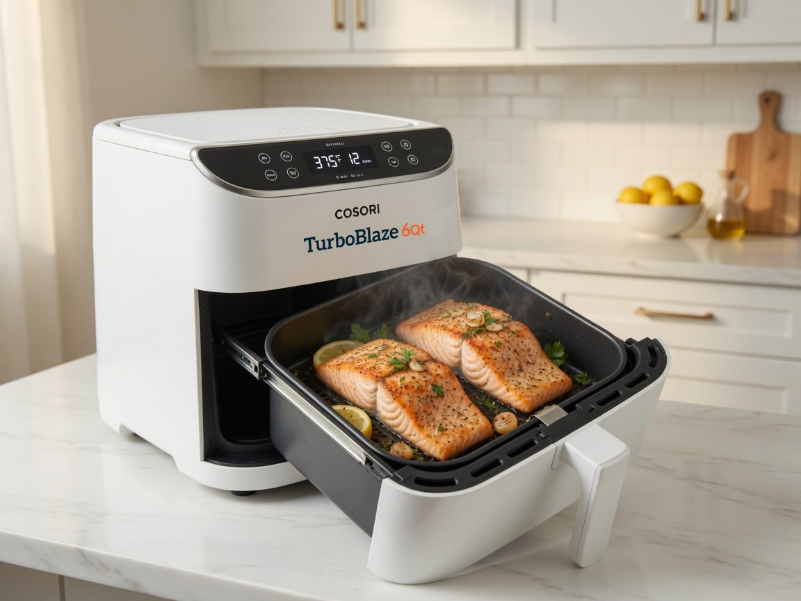 Cosori TurboBlaze 6 Qt air fryer with basket open showing perfectly roasted salmon fillets with a light golden crust