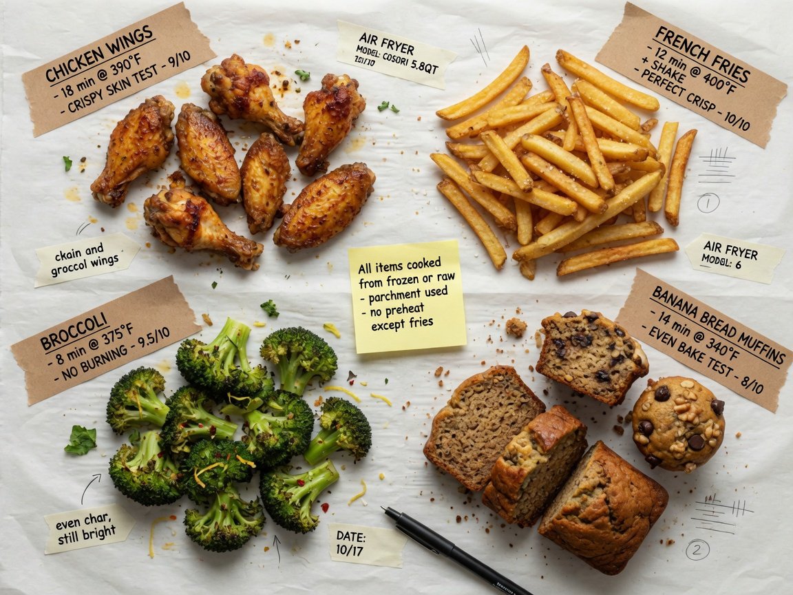 Flat-lay collage of air fryer test results — golden chicken wings, crispy french fries, evenly roasted broccoli, and