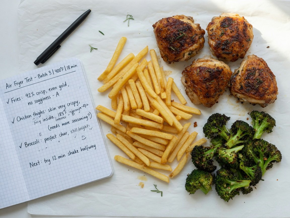Flat editorial lay of air fryer cooking test results — evenly golden fries, well-browned chicken thighs, and roasted