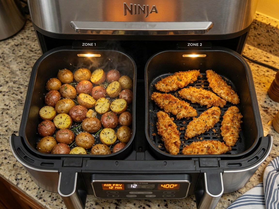 Close-up action shot of a Ninja Foodi DZ201 with both baskets open on a kitchen counter showing evenly golden roasted
