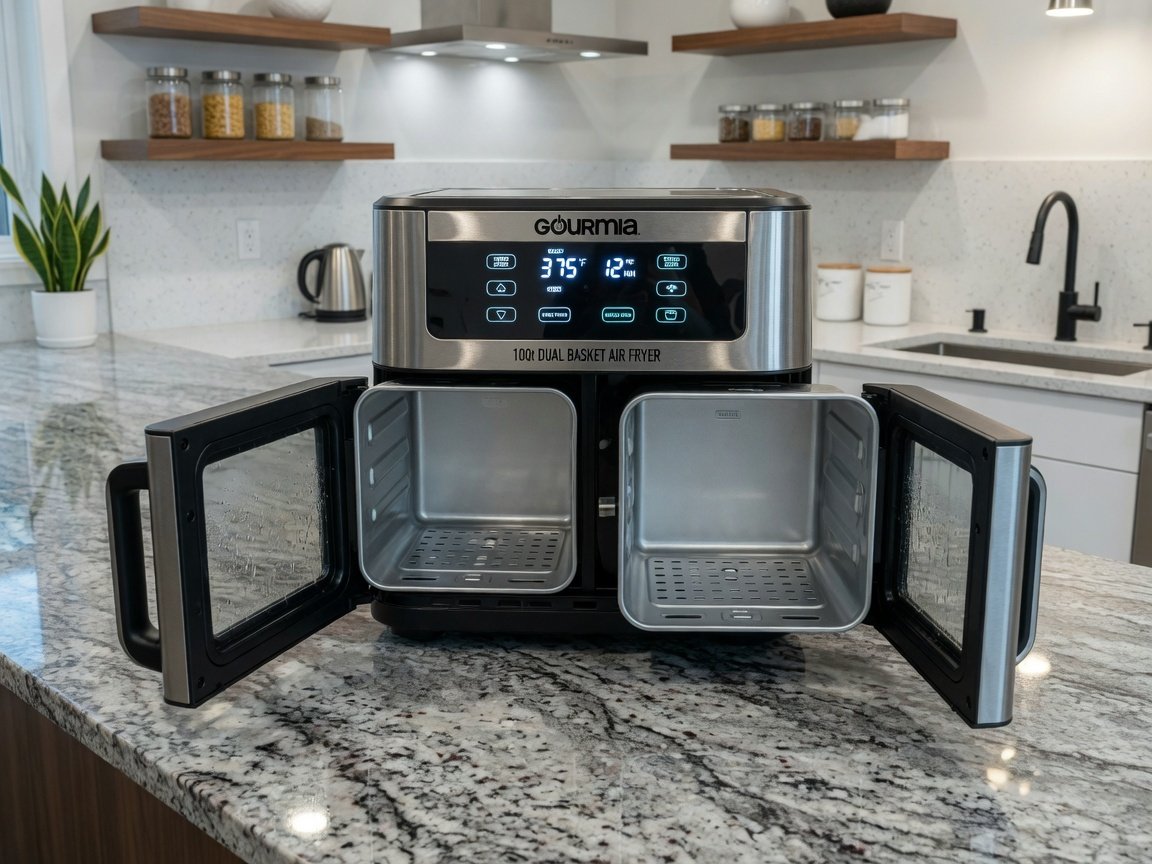 A stainless steel Gourmia 10Qt dual basket air fryer sitting on a modern granite kitchen counter, digital display