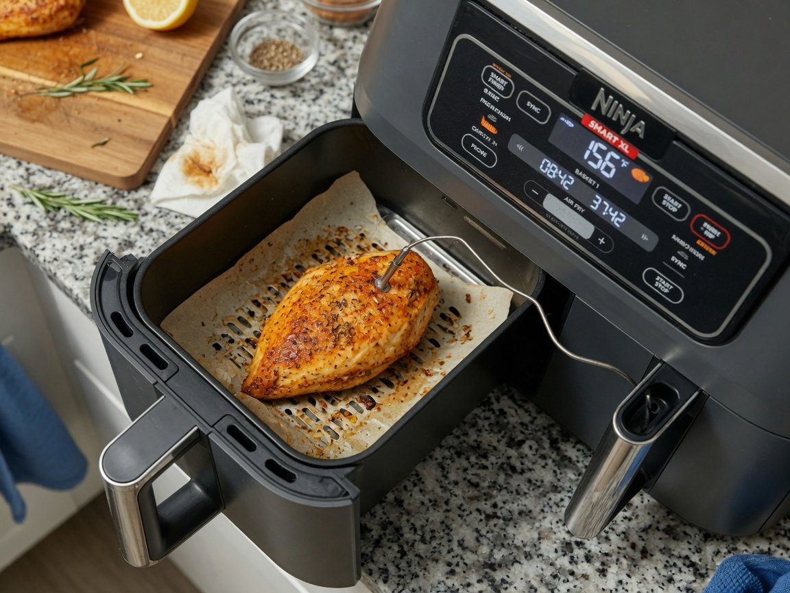 Ninja Foodi Smart XL dual basket air fryer with the probe thermometer inserted into a golden-browned chicken breast