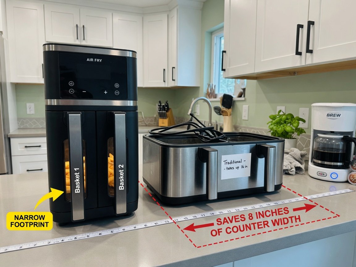 Slim vertical dual basket air fryer standing upright on a compact kitchen counter beside a coffee maker, showing how