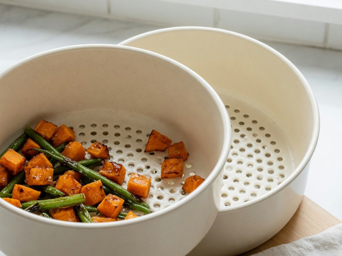 Close-up editorial shot of smooth cream-coloured ceramic-coated air fryer baskets showing the pristine non-stick