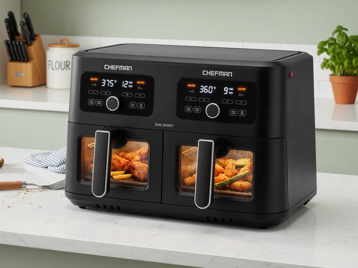 Matte black Chefman dual basket air fryer on a clean kitchen counter with both easy-view windows showing food cooking