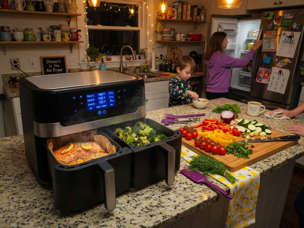 Busy family kitchen scene with a vertical dual basket air fryer running at full capacity — salmon fillets in one zone