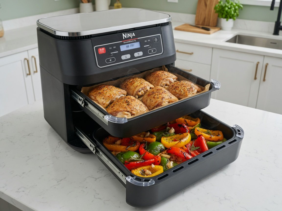 Ninja DoubleStack XL air fryer with its stacked tray system pulled open showing two cooking levels loaded with chicken