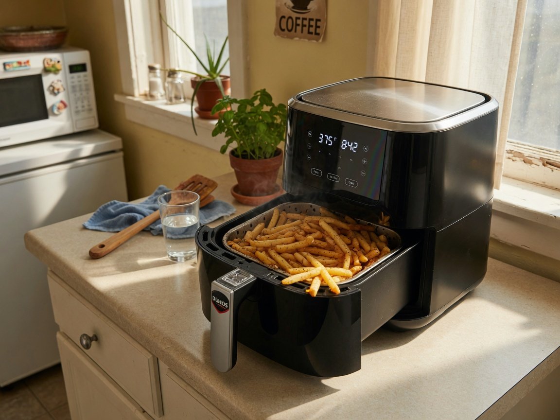 DUMOS compact digital air fryer on a small apartment kitchen counter, basket pulled halfway open showing golden crispy
