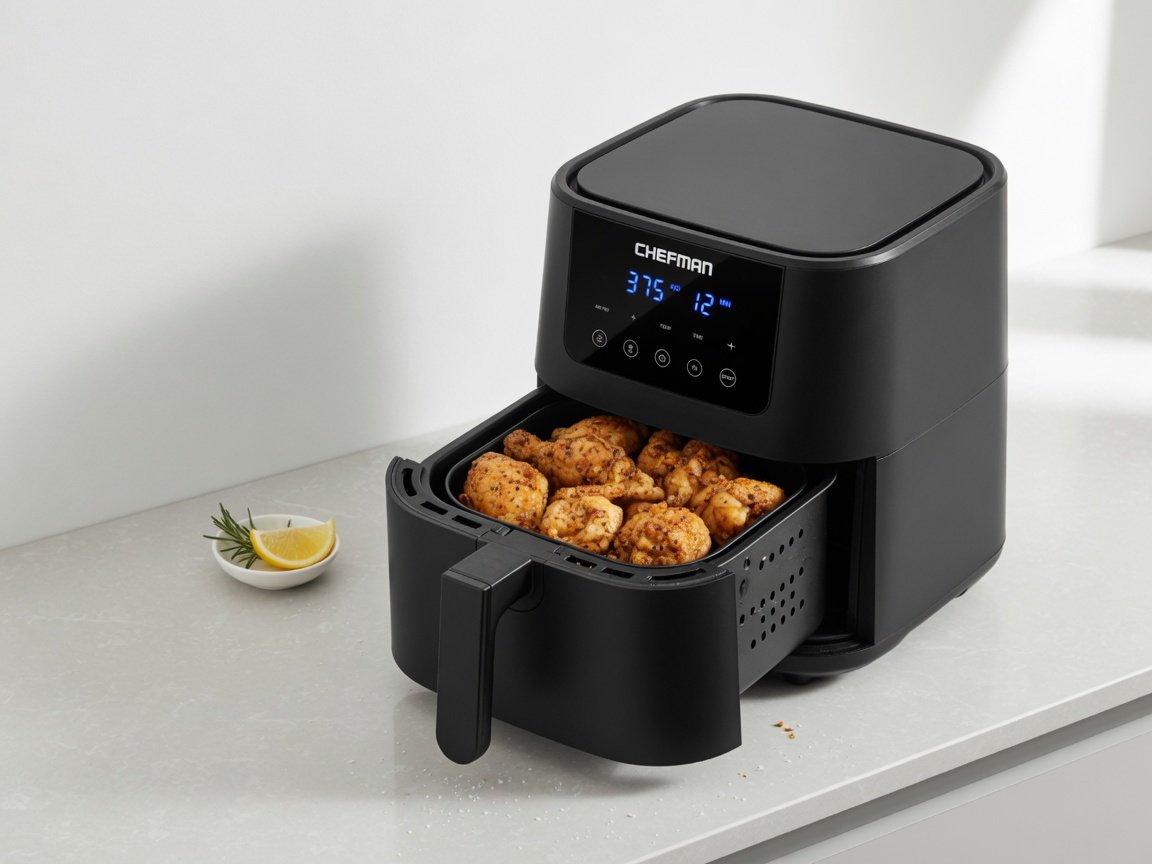 CHEFMAN 2Qt black compact digital air fryer sitting on a minimalist apartment countertop, basket slightly open showing