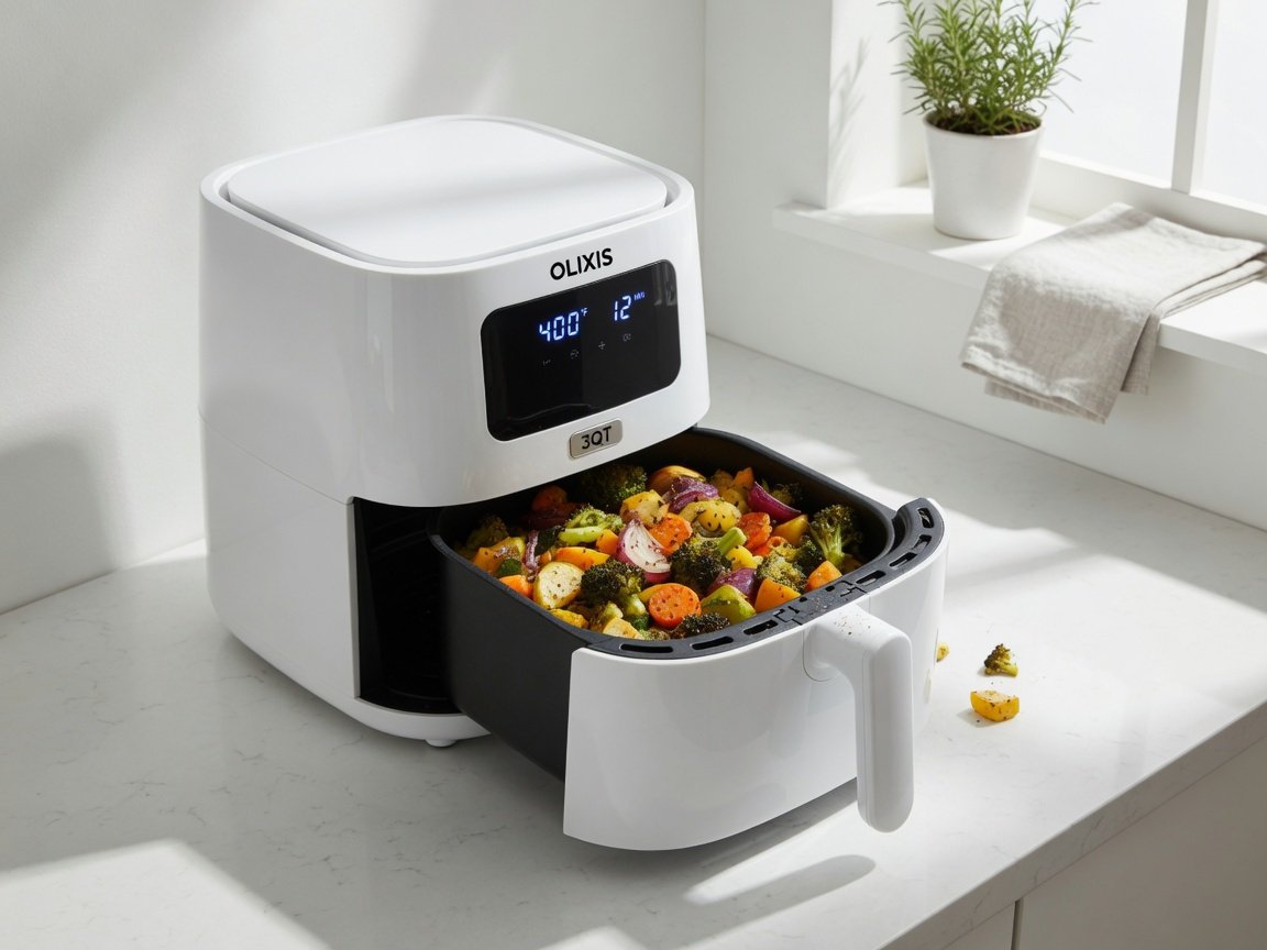 OLIXIS white compact 3qt digital air fryer on a clean minimalist kitchen counter, drawer basket pulled open revealing