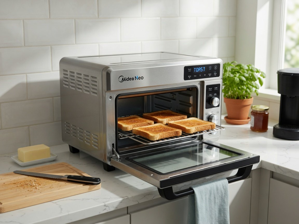 Midea Neo stainless steel air fryer toaster oven combo on a kitchen counter with front door open and a rack of golden