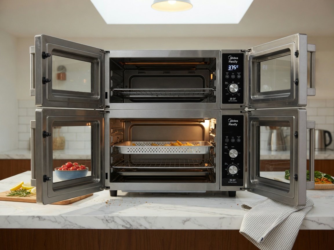 Midea Flexify stainless steel French door toaster oven air fryer combo with both doors open wide showing the spacious