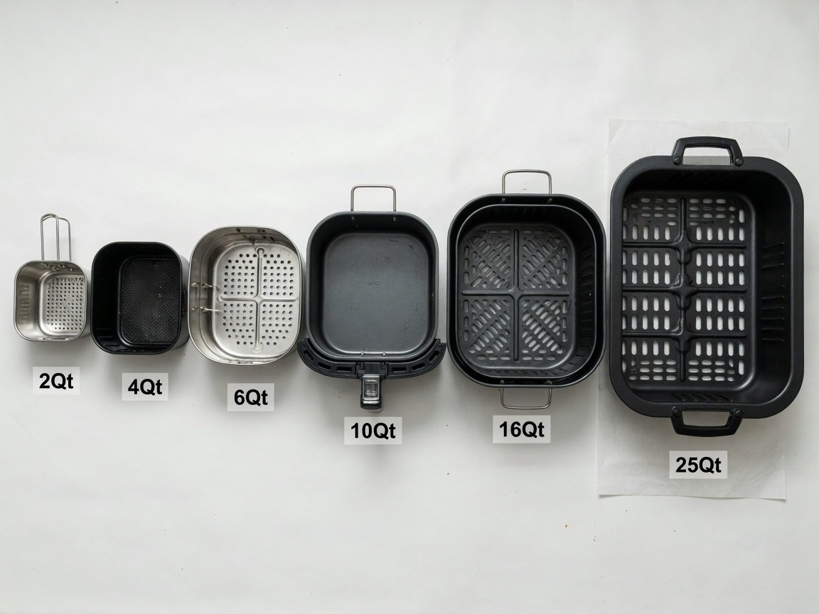 Six air fryer baskets and interiors arranged from smallest to largest — 2Qt to 25Qt — on a clean white surface