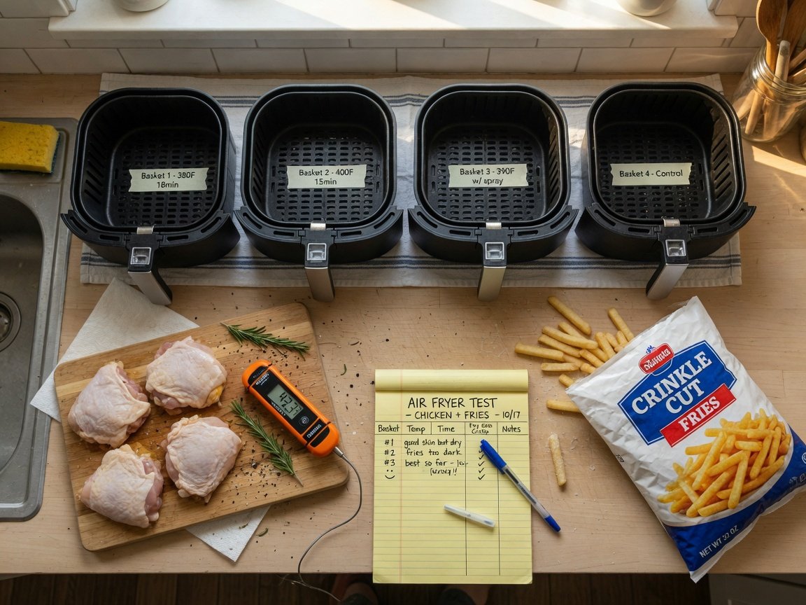 Overhead view of a home kitchen test setup — multiple air fryer baskets lined up side by side, a digital probe