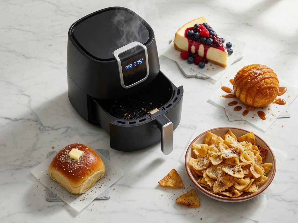 Collage of wild air fryer foods including cheesecake, fried ice cream, pasta chips, and bread rolls arranged around a modern air fryer