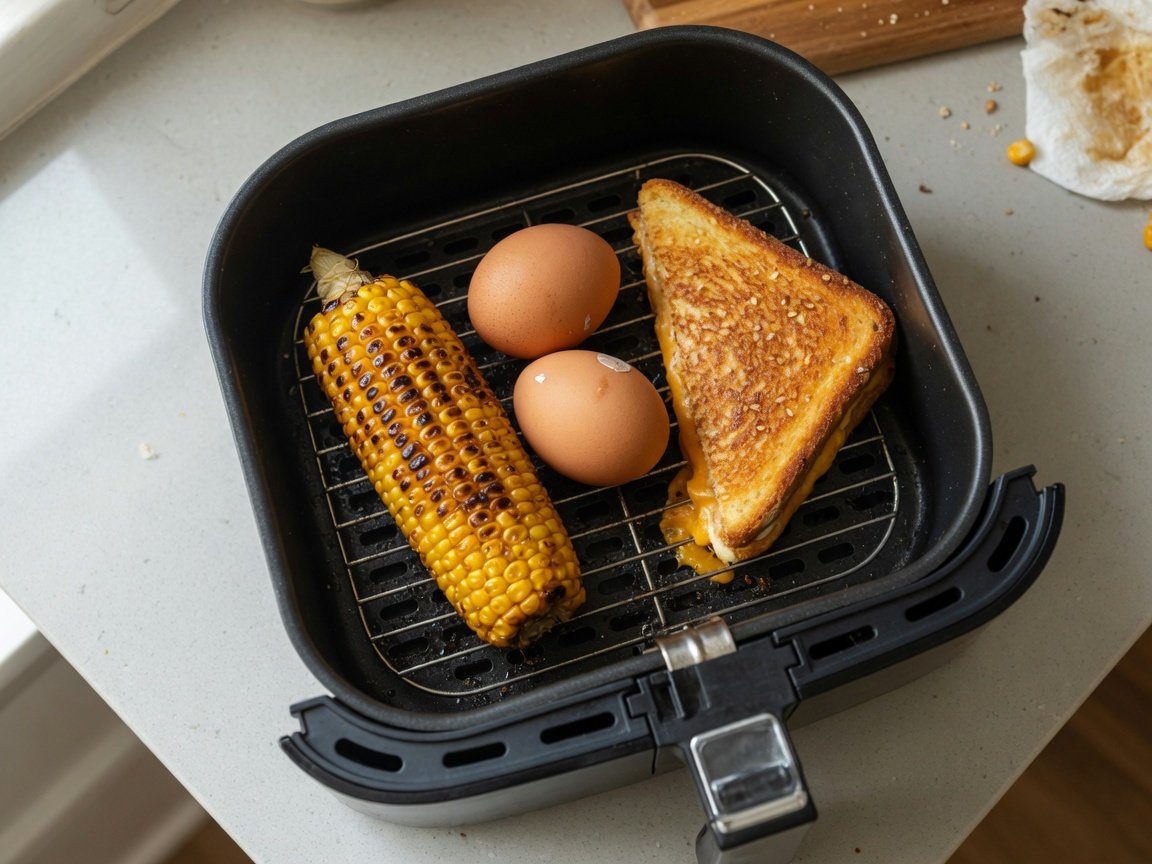 Air fryer basket showing surprising savoury results — corn on the cob, whole eggs in-shell, and a golden grilled cheese sandwich side by side