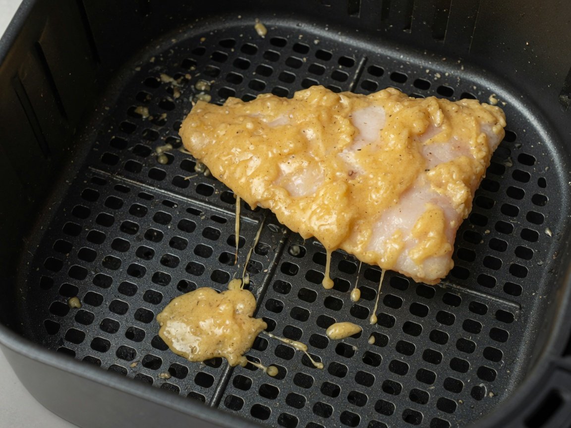 Beer-battered fish dripping through an air fryer basket, showing why wet batter fails in an air fryer