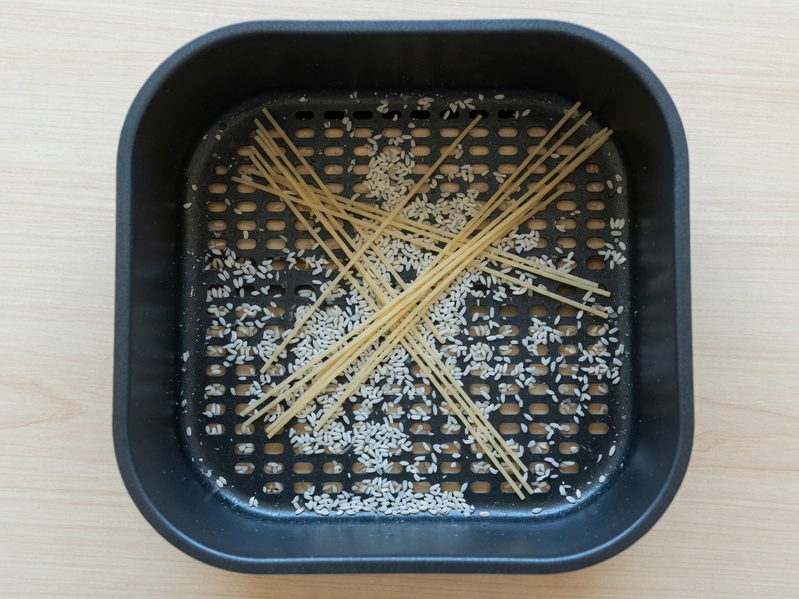 Dry uncooked pasta and raw rice grains in an air fryer basket — foods that need water to cook and should never be air fried